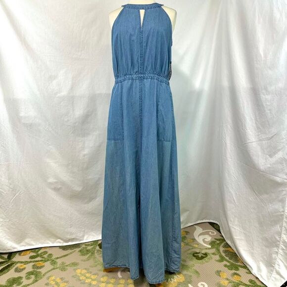 NEW YORK & CO NWT Blue Chambray Denim Halter Maxi Dress Pockets Womens L Prairie - Picture 1 of 8